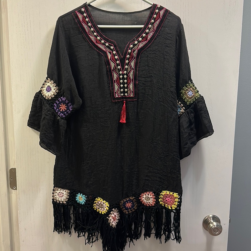 Shein Crochet Fringe Pattern One Size. Swimsuit Boho Festival Cover Up. Black